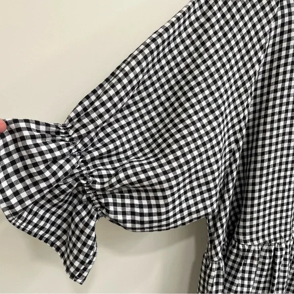 Magic Linen Voluminous Linen Ruffle Sleeve Babydoll Dress Black White Gingham - Picture 9 of 14